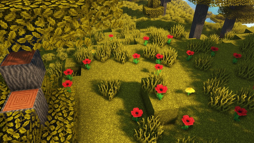 Minecraft landscape with denser red flowers among tall grass.