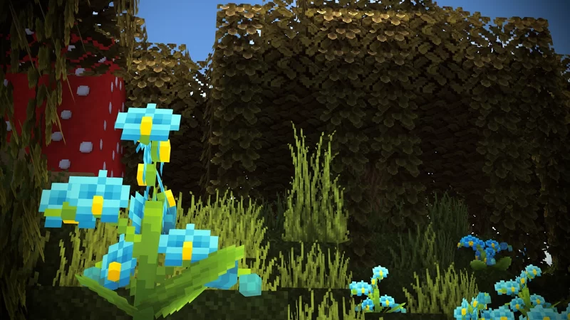 Close-up of bright blue flowers with foliage in Minecraft.